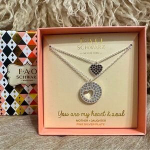 FAO Schwarz Silver Heart Mother Daughter Gift Necklace Set